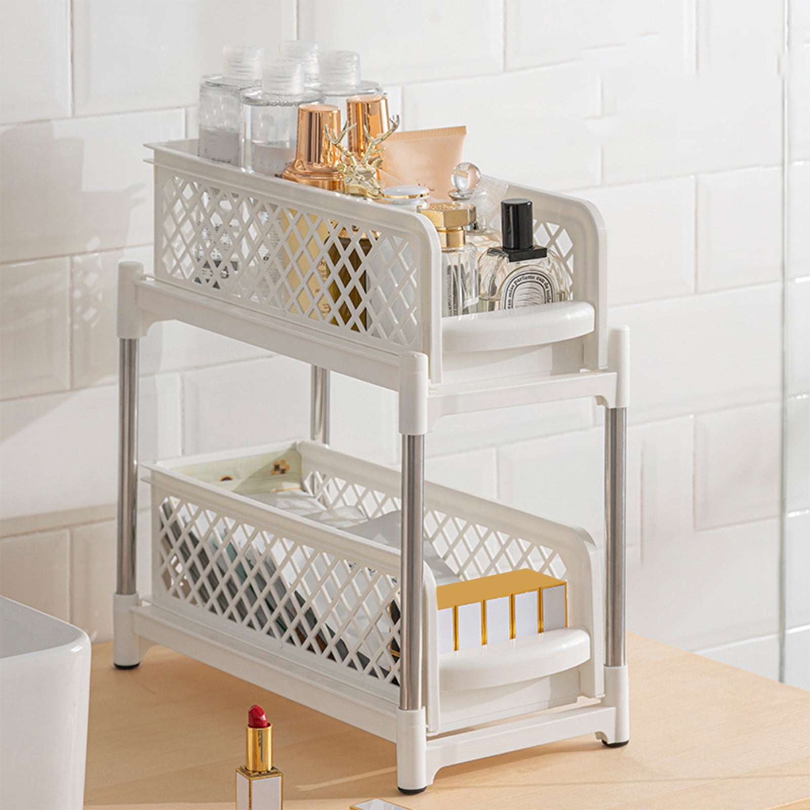 IHXORA under Sink Storage Rack, Pull out Drawer Organizer, Sliding Kitchen Rack for Counter Organization, Laundry Room, Bathroom Cabinet, White, 1 Pc