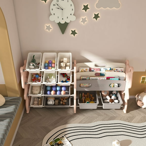 SaveJoy All in One Kids Storage Organizer with Bookshelf and 12 Toy Bins for Bedroom Playroom, Pink