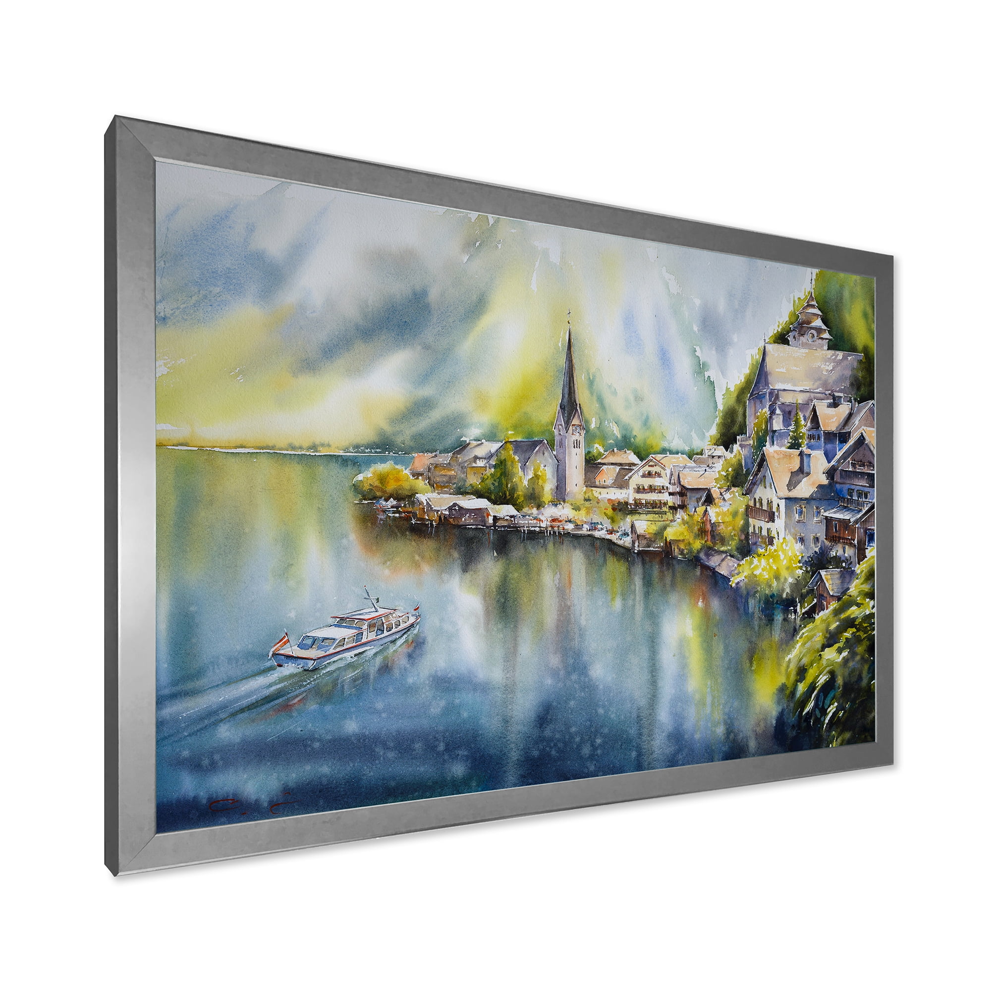 Designart 'The River In Austria Through Mountain Village' Nautical & Coastal Framed Art Print