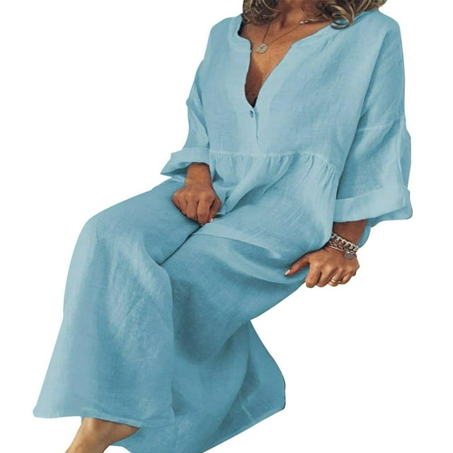 CHUANK Women Cotton Linen Long Sleeve Loose Maxi Dress Plus Size Solid Button Down Long Dress