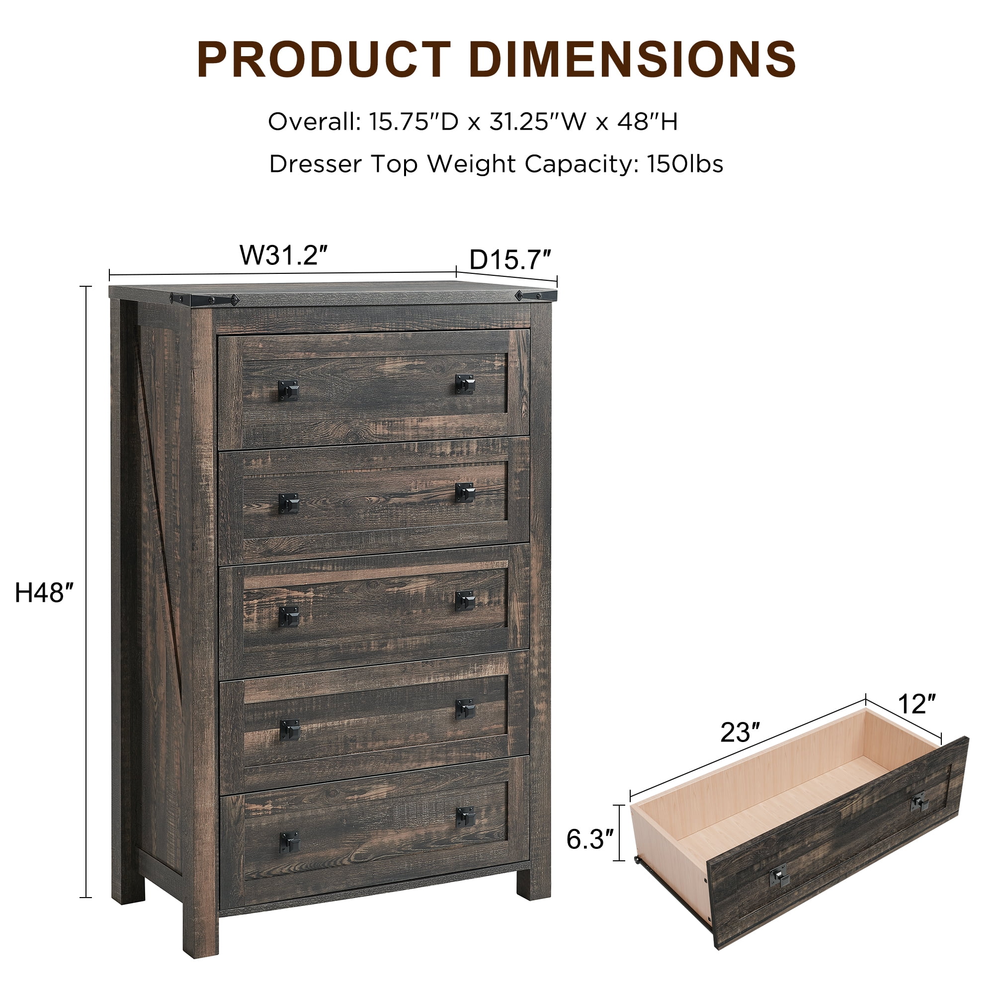 Keywhat Farmhouse 5 Drawer Dresser for Bedroom, Chest of Drawers Wood Organizer for Living Room, Dark Rustic Oak