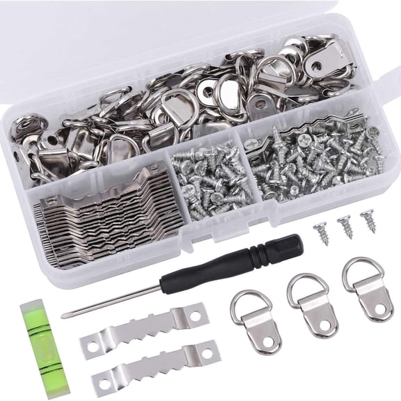 252 D Ring Picture Frame Hanger and Sawtooth Photo Hanging Hardware Set with Screws and Spirit Level Silver