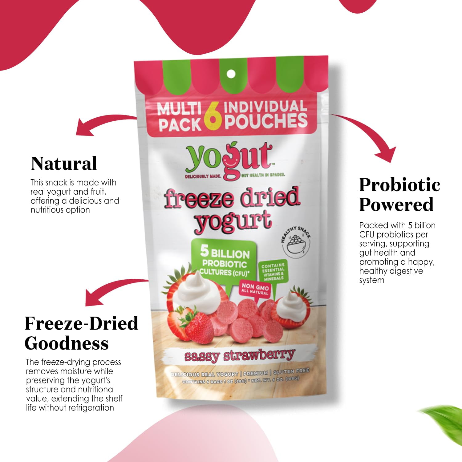 YoGut Freeze-Dried Strawberry Yogurt Bites, Crunchy Snack with Probiotics, Gluten-Free, Non-GMO, 6 Pack for Kids & Adults
