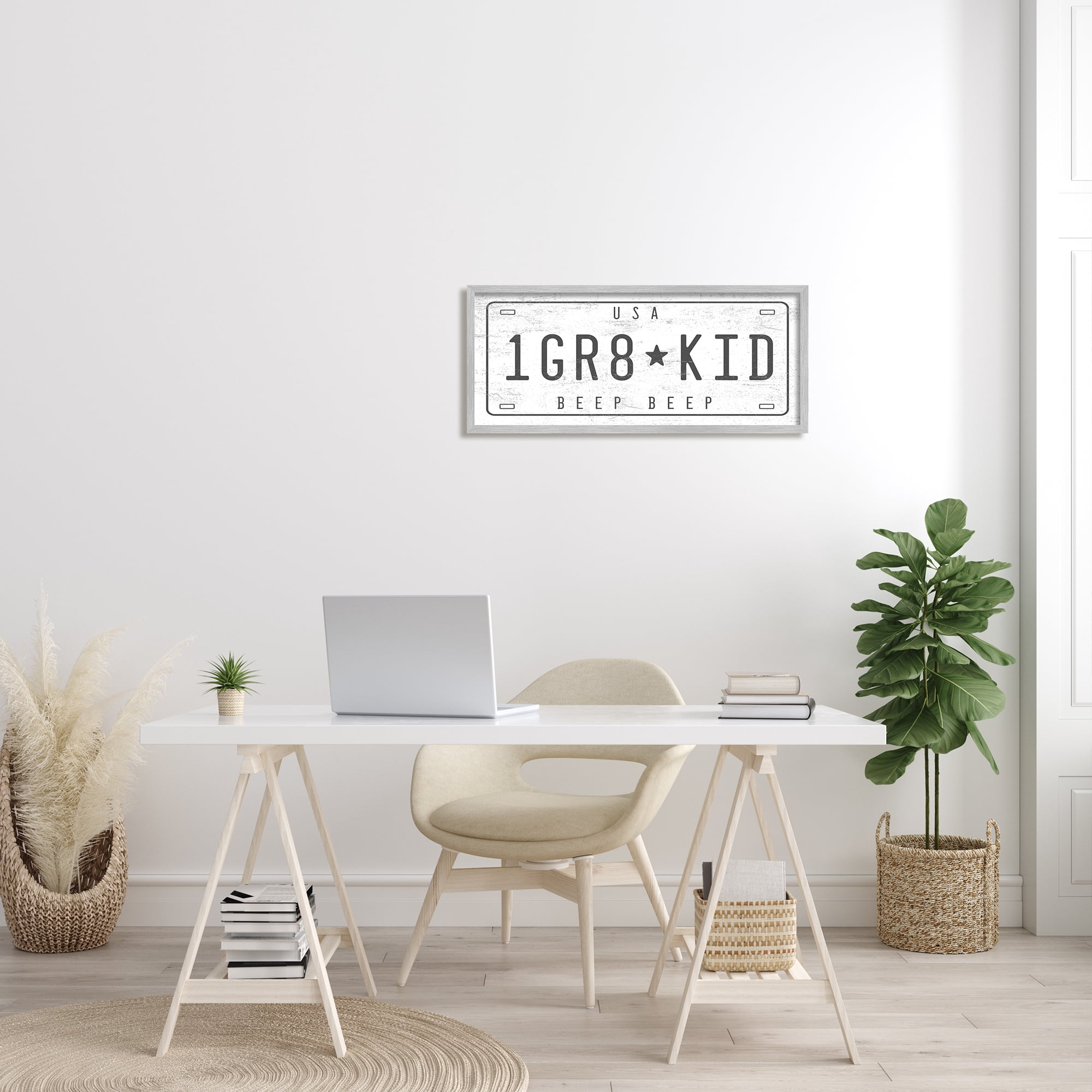 Stupell Industries One Great Kid Phrase Vintage Car License Plate Transportation Painting Gray Framed Art Print Wall Art, 13 x 30