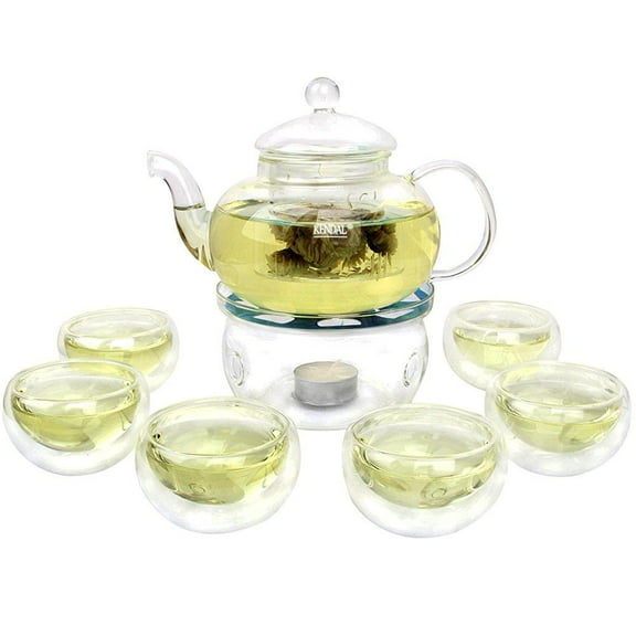 kendal 27 oz glass filtering tea maker teapot with a warmer and 6 tea cups cj-800ml