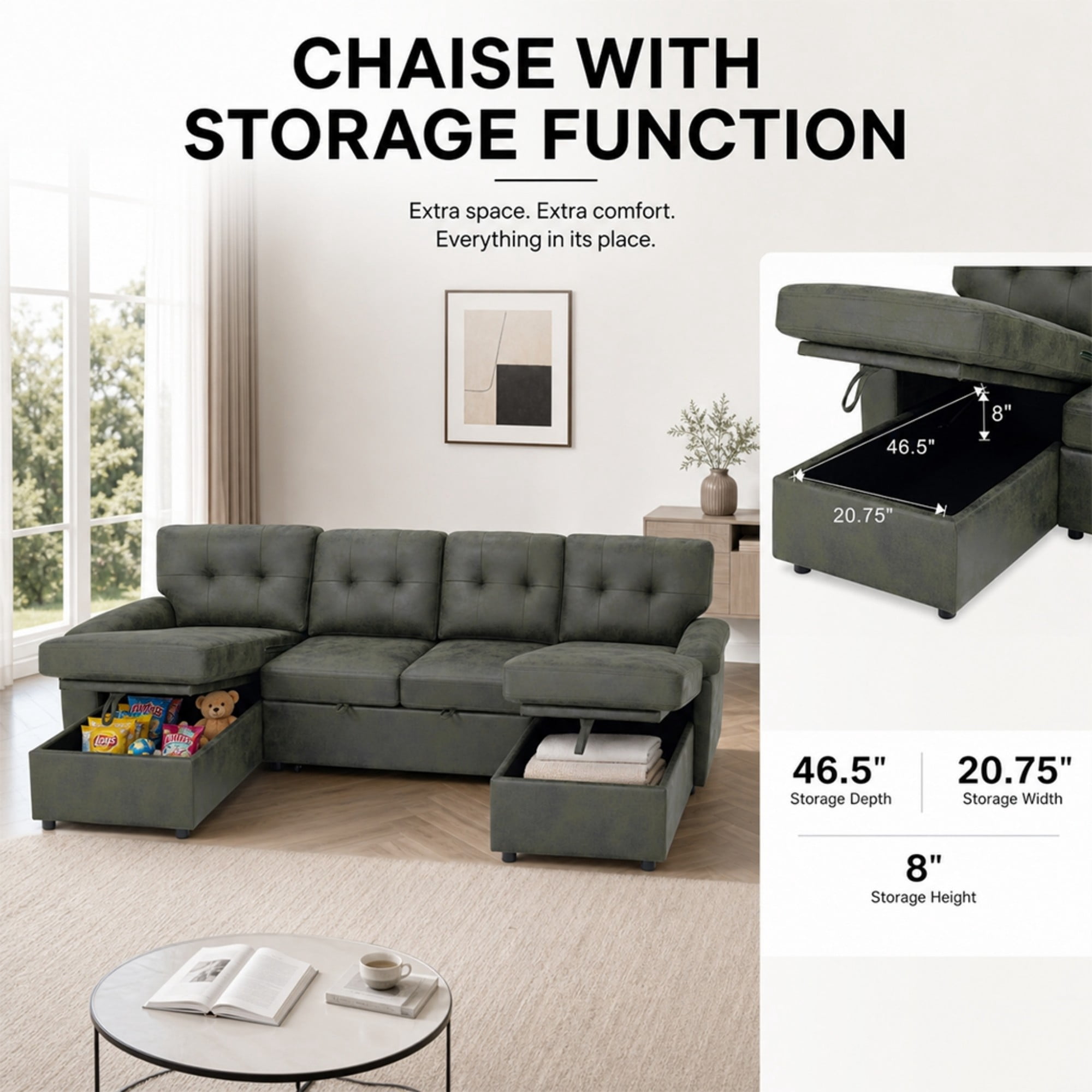 BSHTI 112" Polyester Fabric U-Shaped Sectional Sleeper Sofa Bed with Pull-Out Bed,Tufted Back Cushions and Storage Chaise for Living Room(Olive Green)