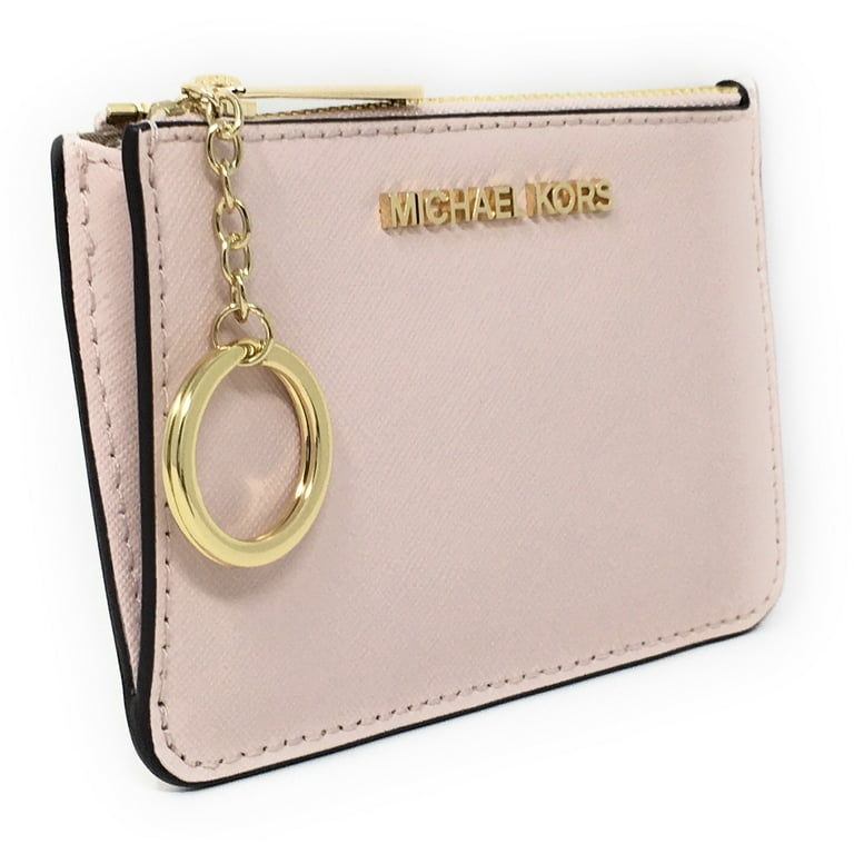 Michael Kors Jet Set Top Zip Coin Wallet Card Holder Key Ring Pearl Grey  Leather