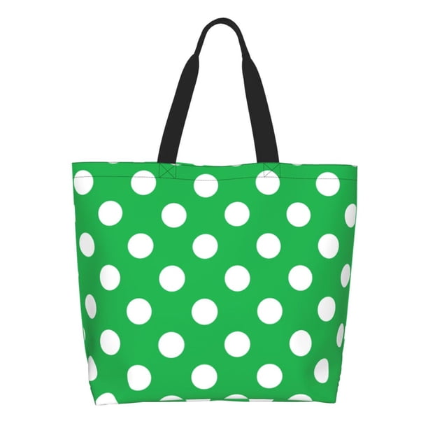 Fotbe Green And White Polka Dot Bolsa Tote Estética de Lona con Estampado para Mujer - Bolsa Reutilizable de Hombro Casual para Vacaciones, Compras, Trabajo y Gimnasio