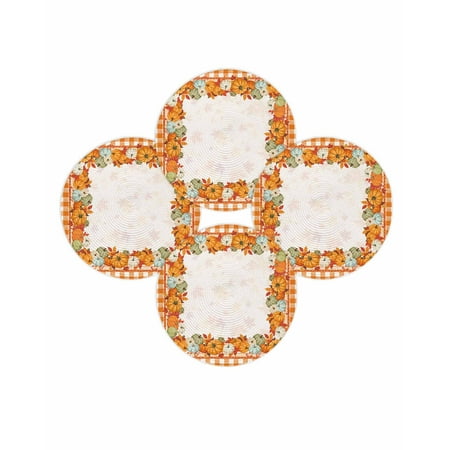 Fall Round Placemats Set of 4 Pumpkin Maple Leaves Place Mats Thanksgiving Woven Placemat Orange Leaf Buffalo Plaid Circle Braided Table Mat for Kitchen Dining Table Autumn Party Home Decor 15 Inch