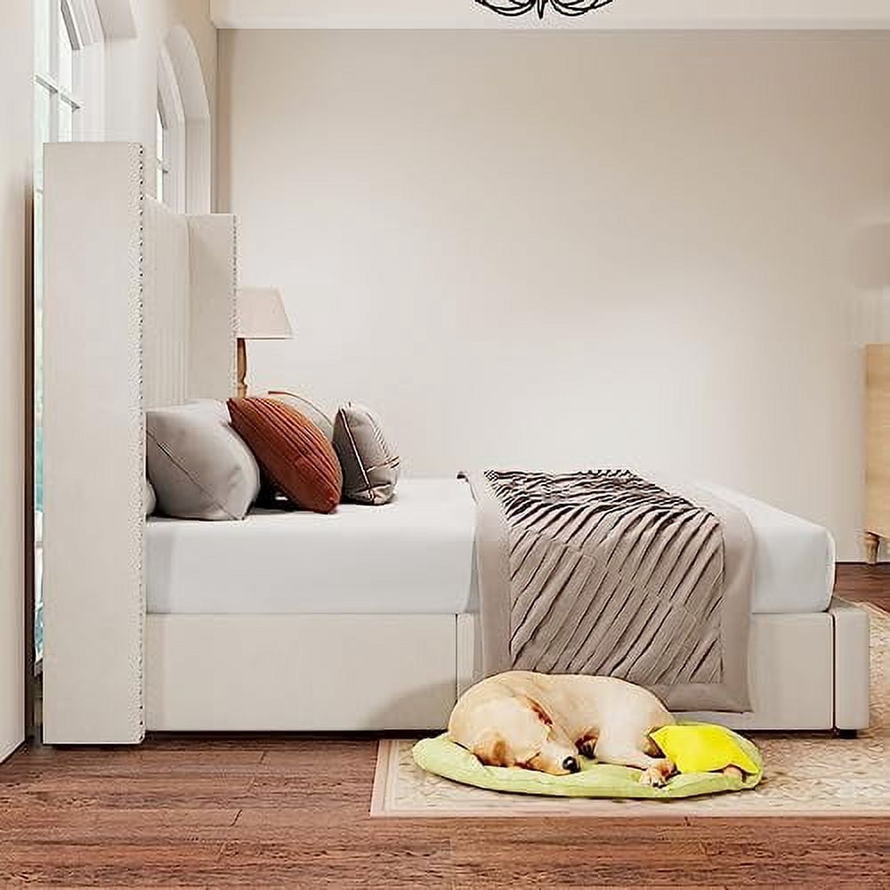 Merluxy Queen Bed Frame Lift Up Storage Bed, Velvet Queen Upholstered Bed Frame Channel Tufted Wingback Headborad/No Box Spring Needed/Cream