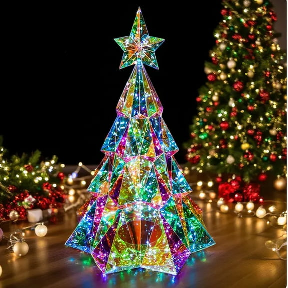MagicalGlow Christmas Tree, Prismatic Rainbow Christmas Tree, Multi-Color Changing LED Tabletop Decoration, Unique Geometric PET Plastic Design, Plug-in Festive Home Decor