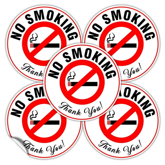 (Set of 5) No Smoking Sign Sticker - 4.5" Circle - Durable Self Adhesive 4 Mil Vinyl - Laminated - Fade & Scratch Resistant - Waterproof - Professional No Smoking Sign For Business - Perfect For Cars