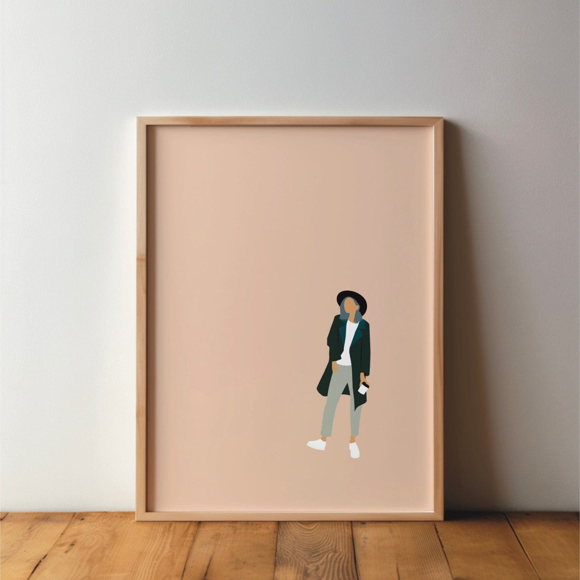 Woman With Coffee And Hat Wall Art Print Minimal Modern Fashion Decor Unframed Paper Print