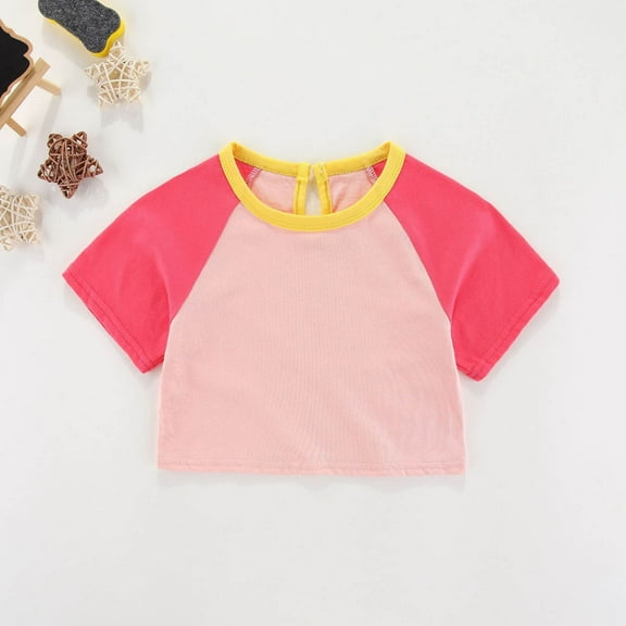 Cropped Tops for Girls 6M-5Y Cute Cotton Short Sleeve T-Shirts Toddlers Kids Trendy Hollow-Out Pullover Crewneck Color-Block Summer Tees Top