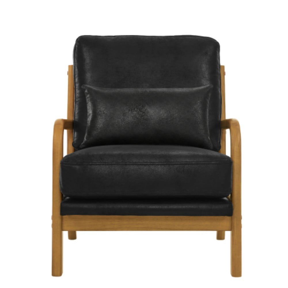 Wooden Lounge Chair, Modern Upholstered Accent Chair with Solid Wood Armrests, High-Density Foam Cushion, Reclined Backrest for Living Room, Bedroom & Office, Black