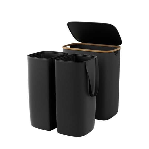 HONEIER 150L Large Laundry Hamper with Lid and Bamboo Handles, Laundry Basket with 2 Removable Bags for Bedroom, Dorm Room and Bathroom Scenarios, Black