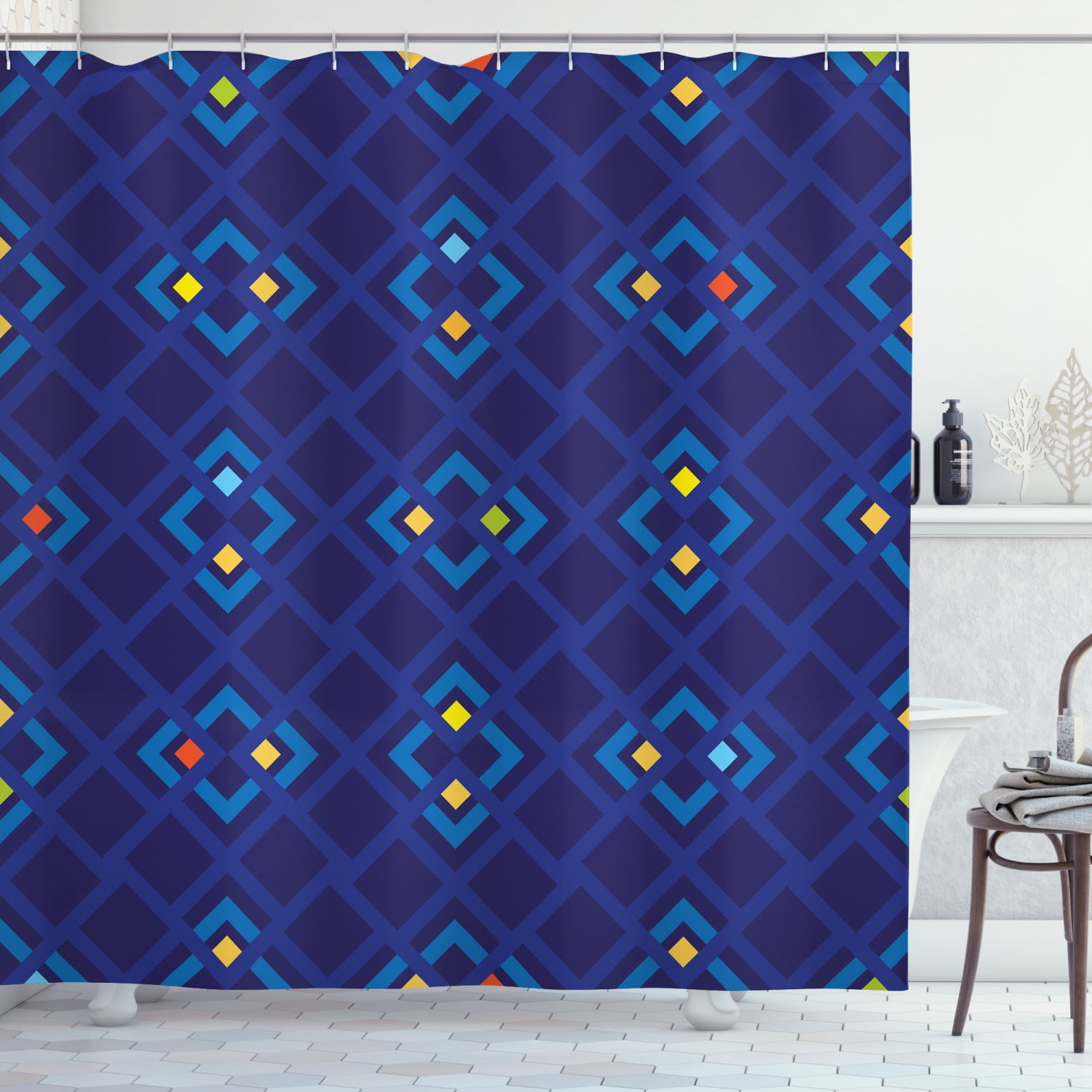 Navy Shower Curtain, Abstract Shabby Chic with Geometric Inner Squares