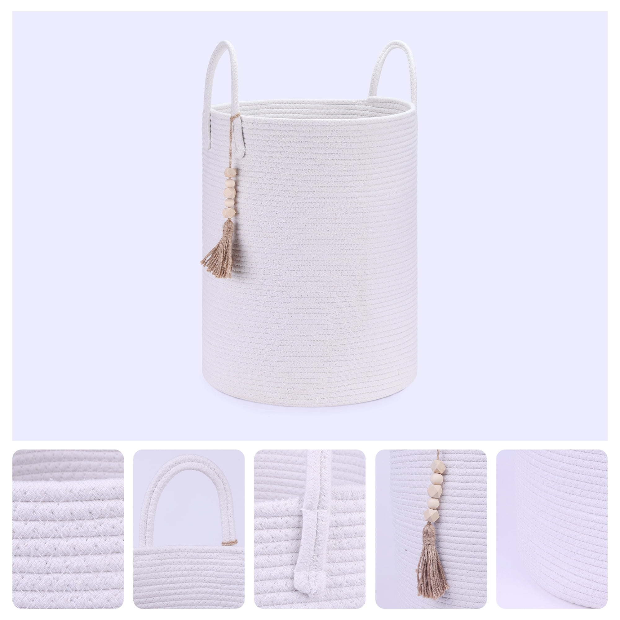 Unique Bargains Woven Storage Bin with Handle and Tassel Beads Storage Basket White
