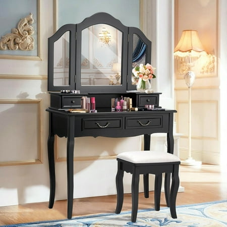 Costway Tri Folding Mirror bathroom Wood Vanity Set Makeup Table Dresser 4 Drawers +