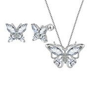 April Birthstone Jewelry Diamond White Butterfly Jewelry Set Fine Necklace Earrings Sterling Silver Women Birthday Wedding Mother's Day Gifts
