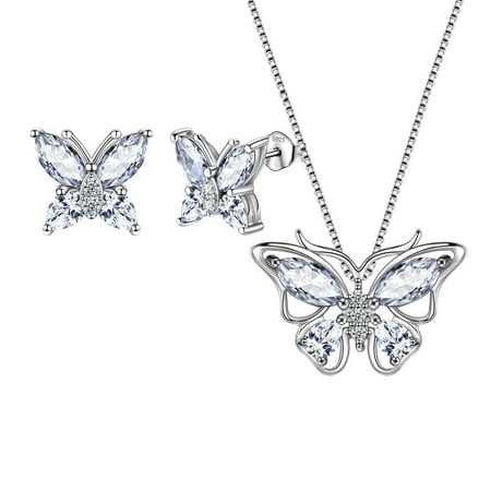April Birthstone Jewelry Diamond White Butterfly Jewelry Set Fine Necklace Earrings Sterling Silver Women Birthday Wedding Mother's Day Gifts