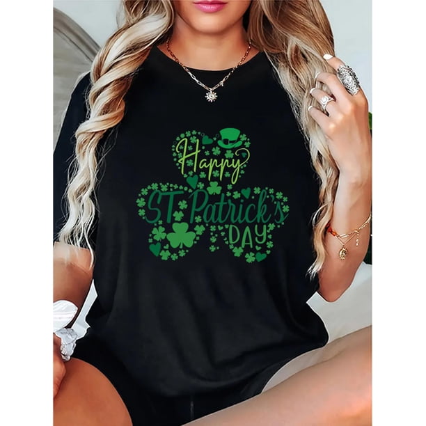Women'S Short Sleeve St. Patrick'S Day T-Shirt, Casual Crew Neck Tee with Green Clover Print, PolyesCamisetas de verano para mujer, manga corta, cuello redondo, casual, lindo, con gráficos, camisetas