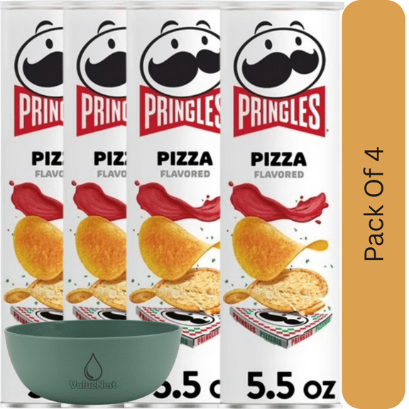 Pringles Pizza Potato Crisps Chips, Lunch Snacks, 5.5 oz Canister With Olive Green Bowl By ValueNest