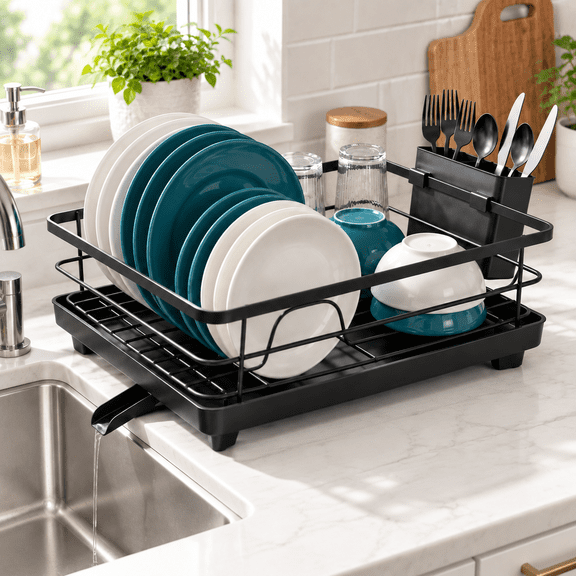 Metal Dish Drying Rack for Kitchen Counter (15.6" × 12") — Rust-Resistant Coated Steel with Removable Utensil Holder & Swivel Drainboard, Black
