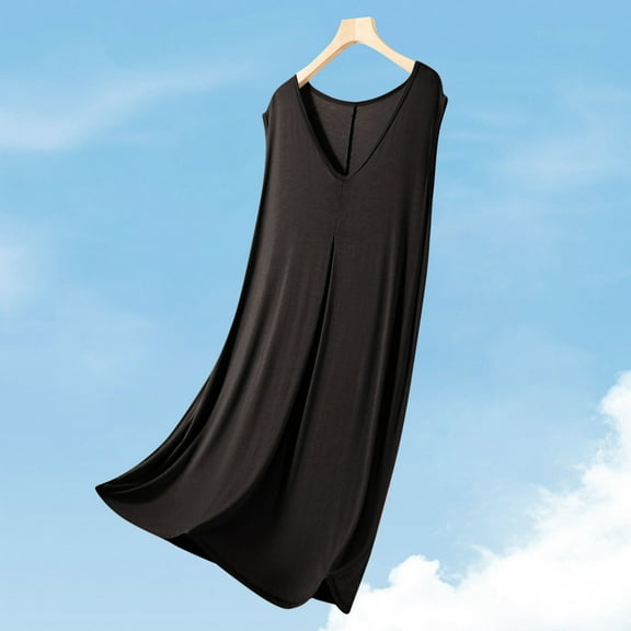Fazvaoo Women Nightgowns Sleeveless V-Neck Long Sleepwear Loose Comfortable Plain Nightdress(Black,Size L-XL)