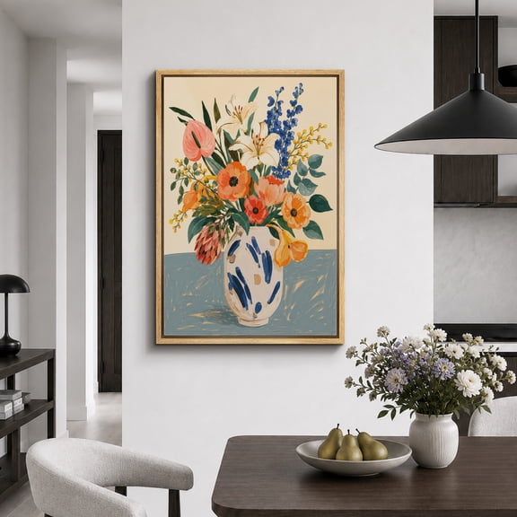 Framed Canvas Print Colorful Floral Vase Wall Art Botanical Artwork Decoration for Living Room Bedroom - 16"x24" NATURAL Frame