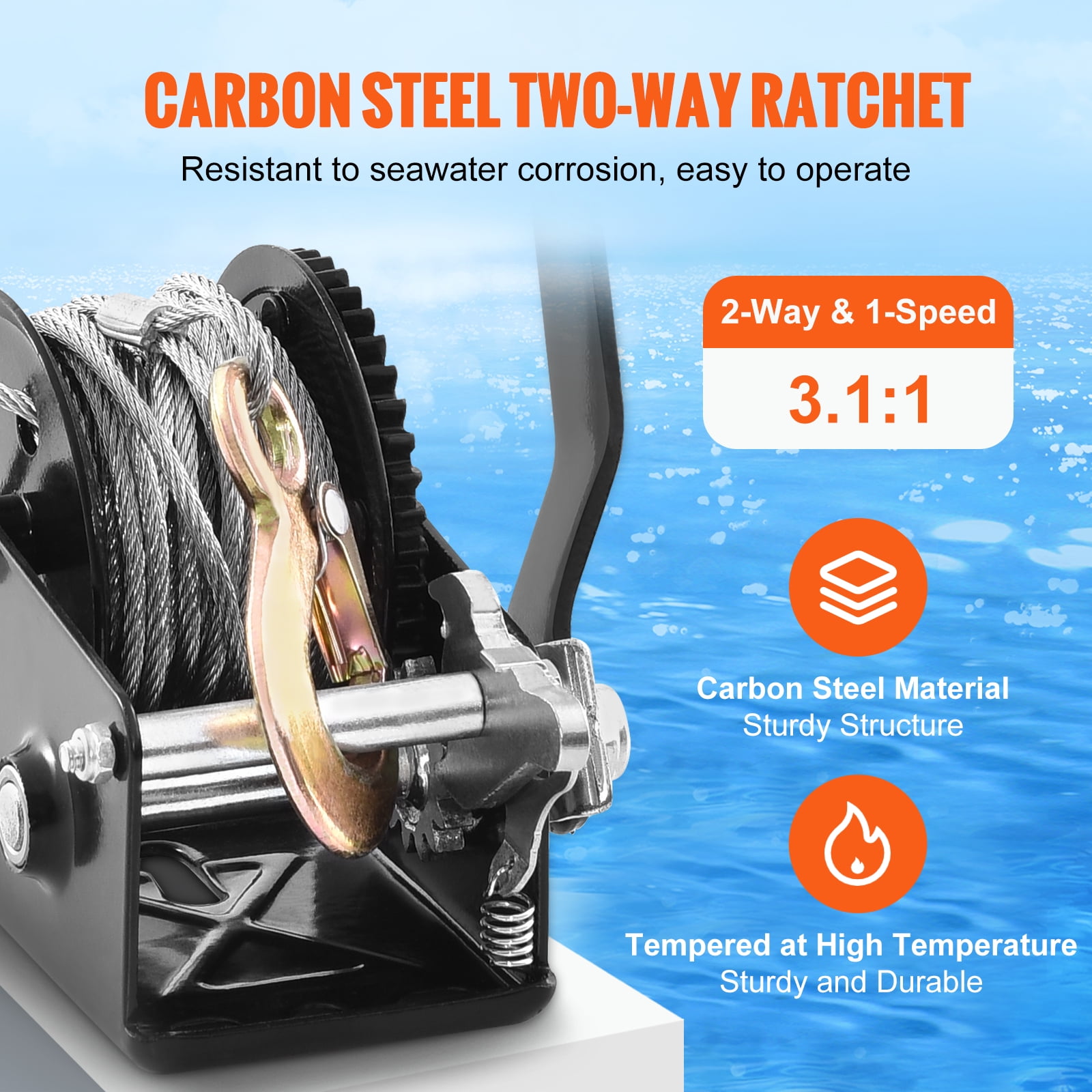 KFFKFF Hand Winch Heavy Duty Hand Crank 800 lbs 33 ft Steel Cable for Boat/ATV