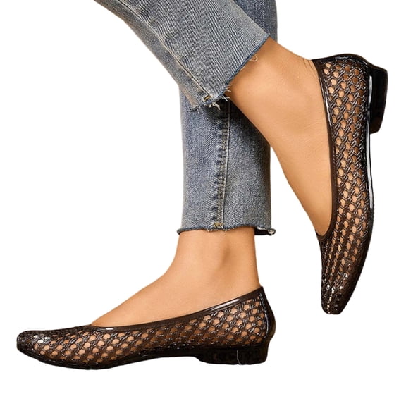 hopeusnice Perforated Mesh Flat Ballet Flats Women Breathable Daily Casual Footwear Black 35