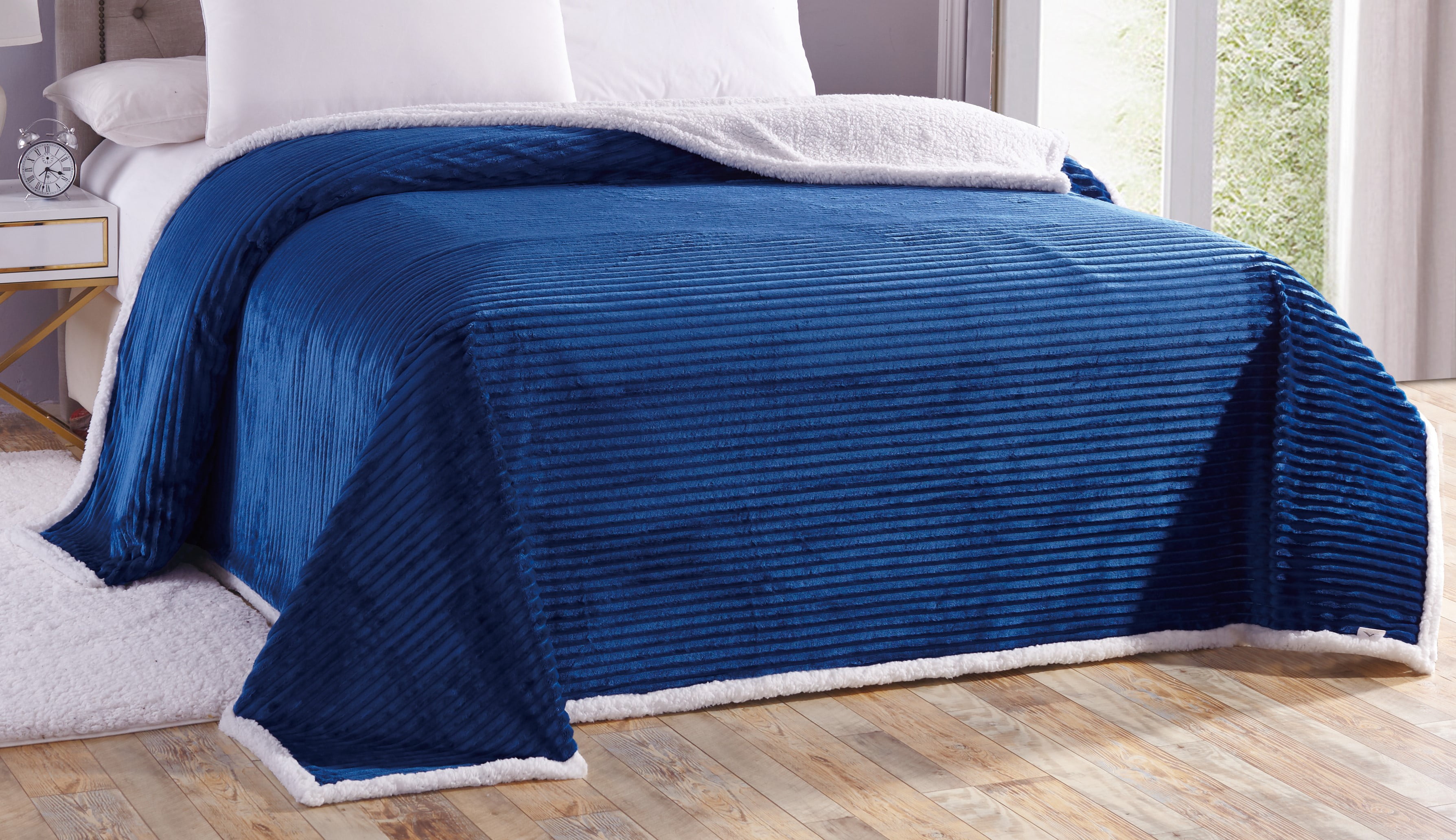 LushElegance Corduroy Sherpa Reversible King Size Blanket Royal Blue