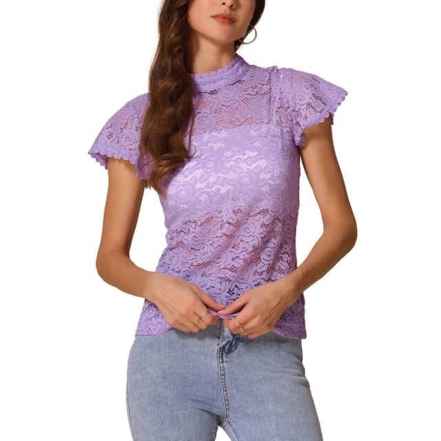 INSPIRAR CHIC Blusa de Mujer con Cuello Alto y Espalda con Abertura para el Día de San Valentín, Manga Corta, Semi Transparente, L Color Púrpura Claro