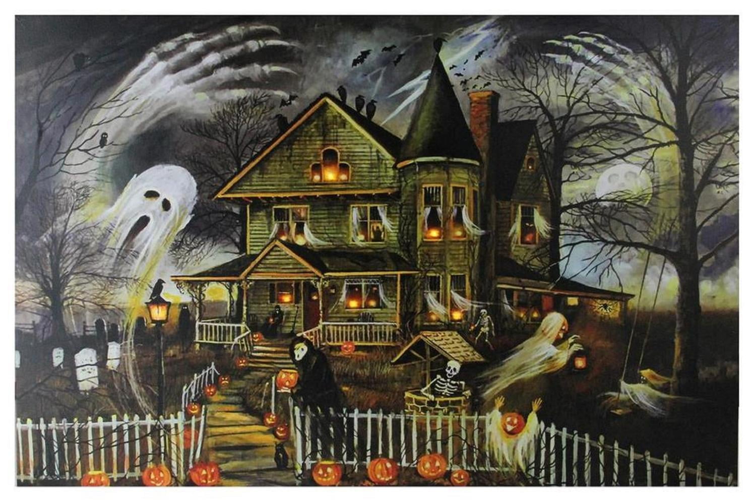 Small LED Lighted Creepy Haunted House Halloween Canvas Wall Art 12" x
