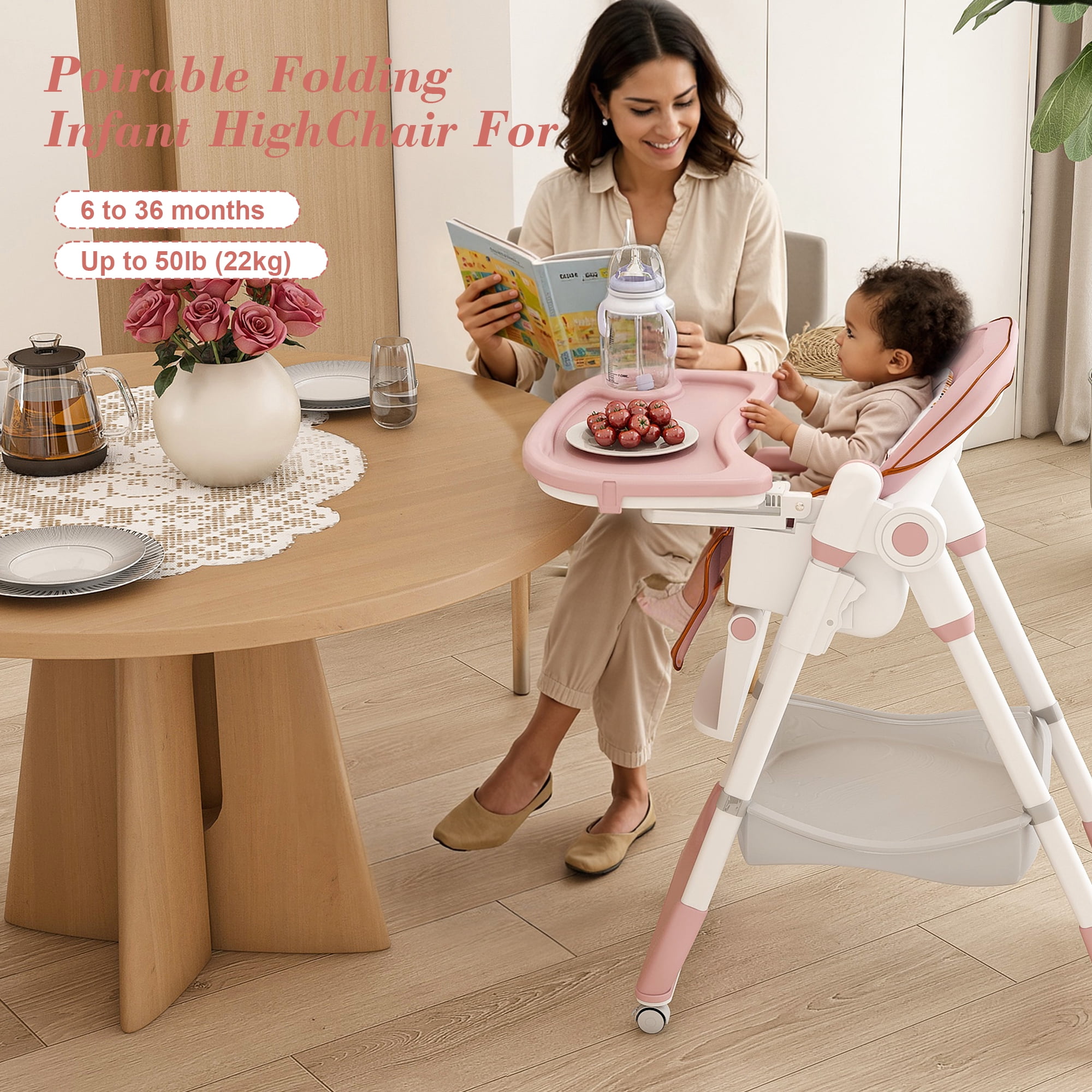 Adjustable Baby High Chair for 0-6 Years, Foldable Infant Feeding Seat with 5-Level Height, 5-Point Safety Belt, Lockable Wheels & Detachable Tray, Easy Clean for Home Use
