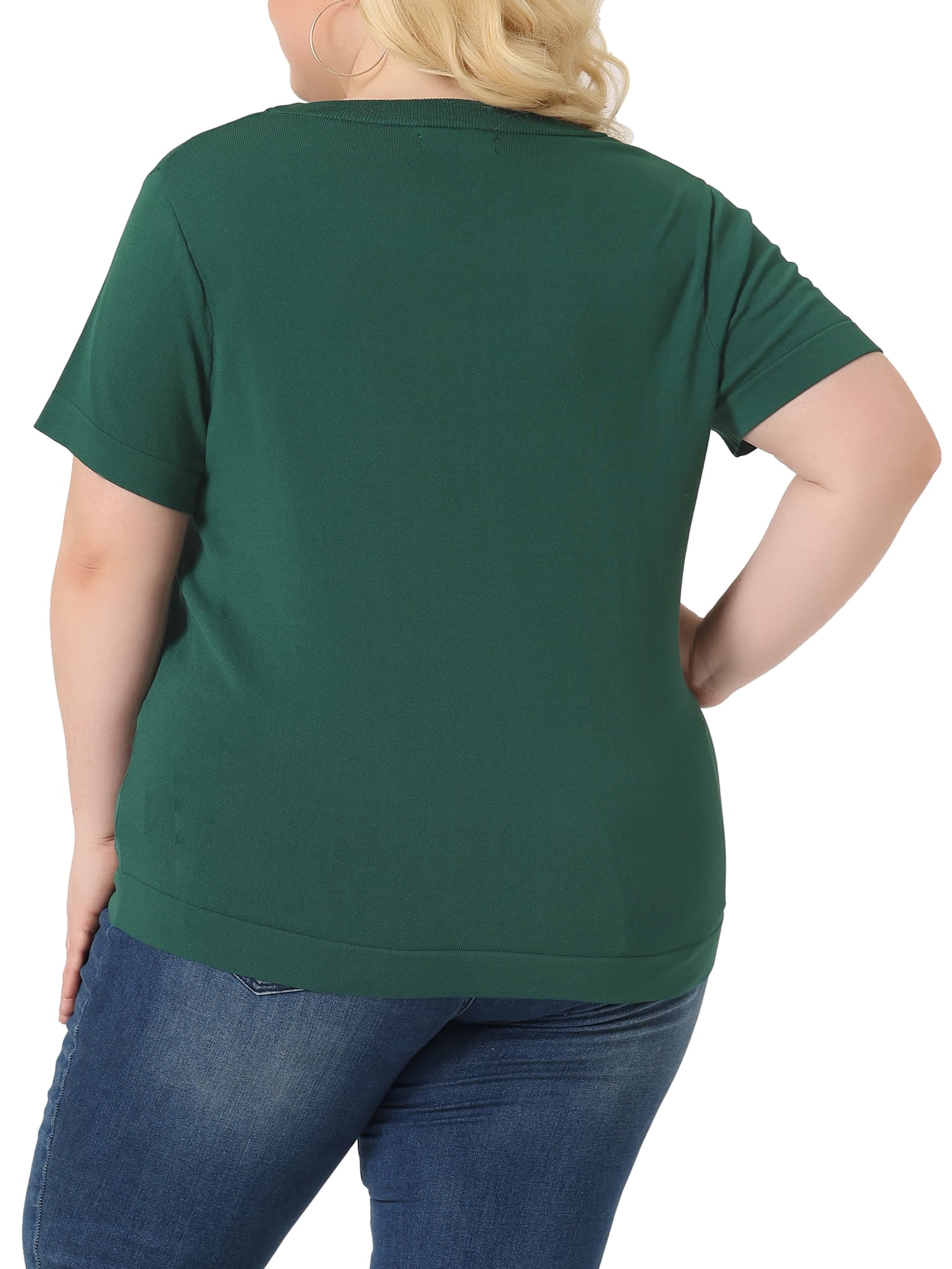 Unique Bargains Women Plus Size Tops Basic Round Neck Short Sleeve Knit Tee Blouses 1X Green