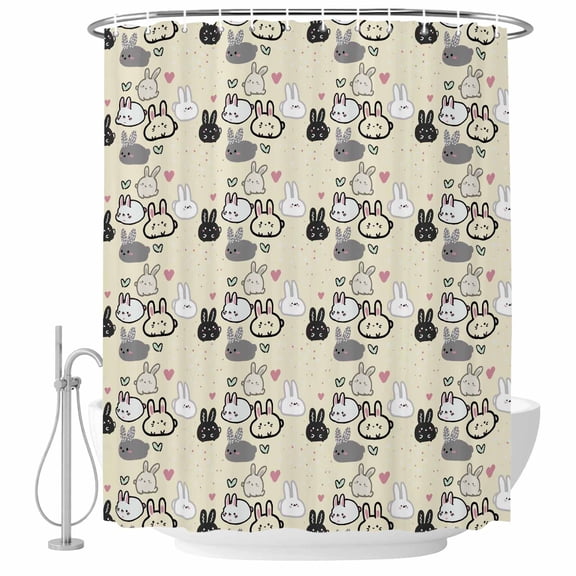 Easter Rabbit Shower Curtain, Waterproof Shower Curtains for Bathroom, Cartoon Cute Bunny Sketch on Yellow Washable Fabric Bathtub Curtain Set Bath Decor with 12 Hooks 48"x72"