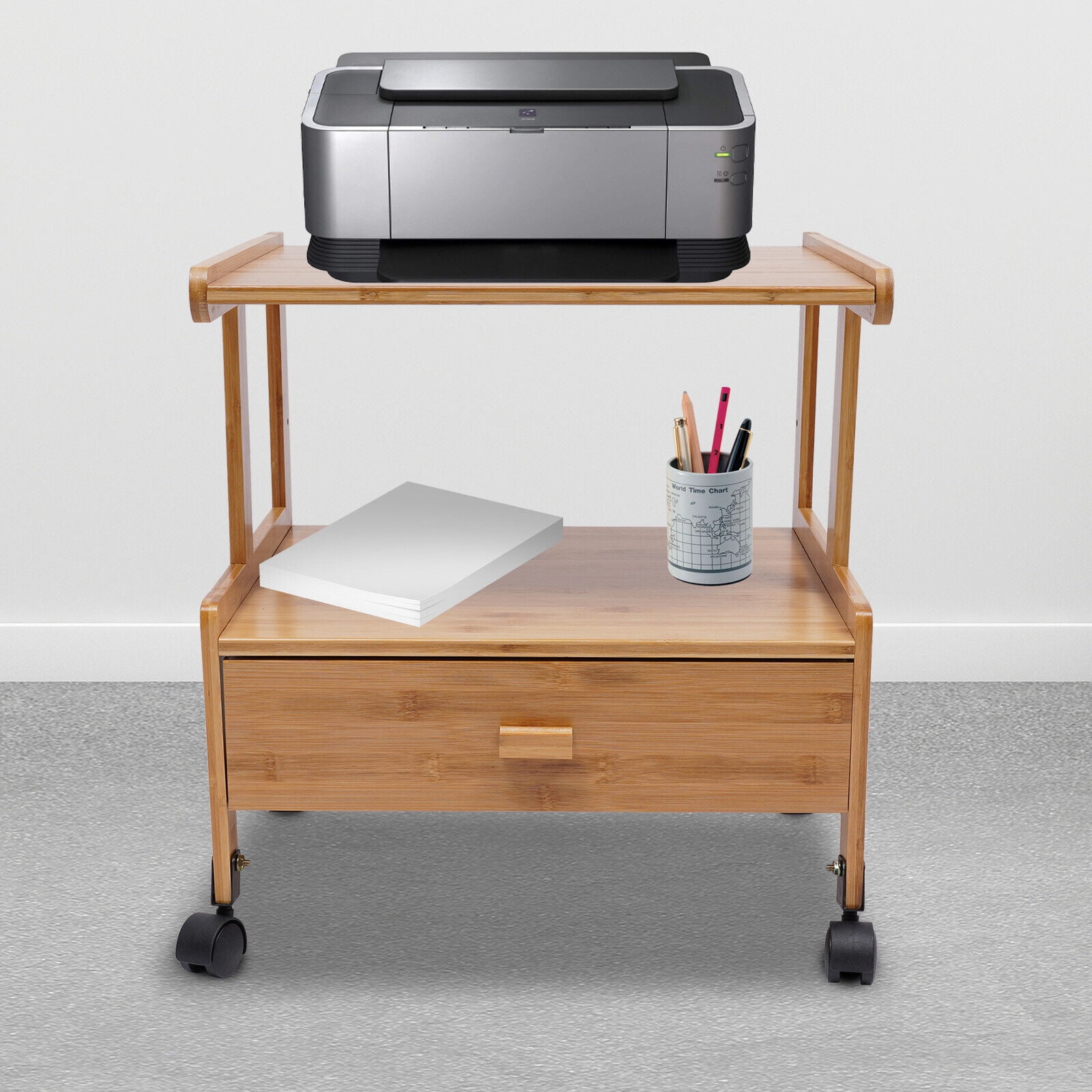 Mobile Printer Stand, Log Color, 2 Tiers Bamboo Printer Shelf with Wheels for Office