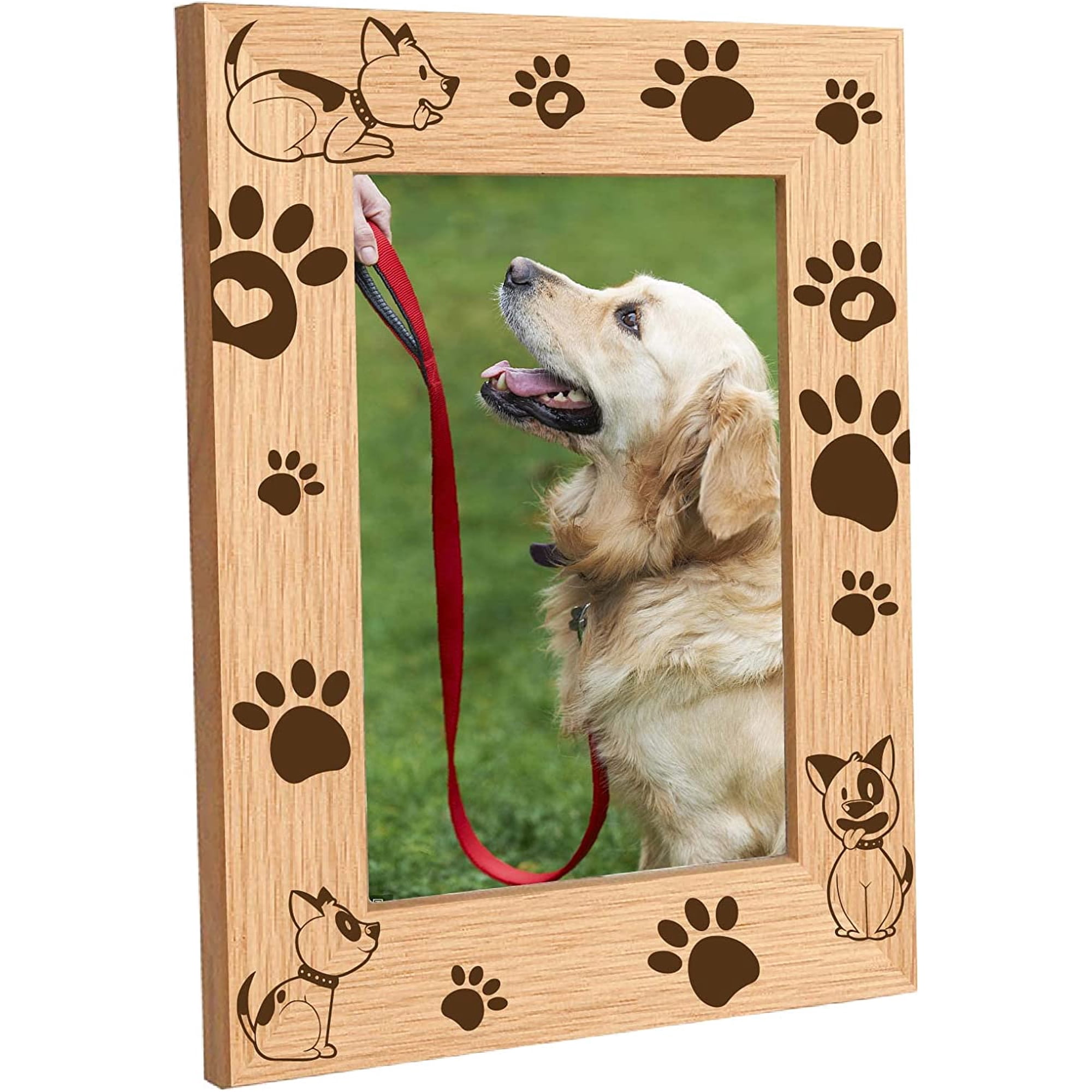 Engraved Wood Frame Dog Paw Puppy Tabletop 4" x 6" Vertical Natural Wood Picture Photo Frame Displayed Pet Memorial for DIY Home Desk Decor Dog Lover Gift