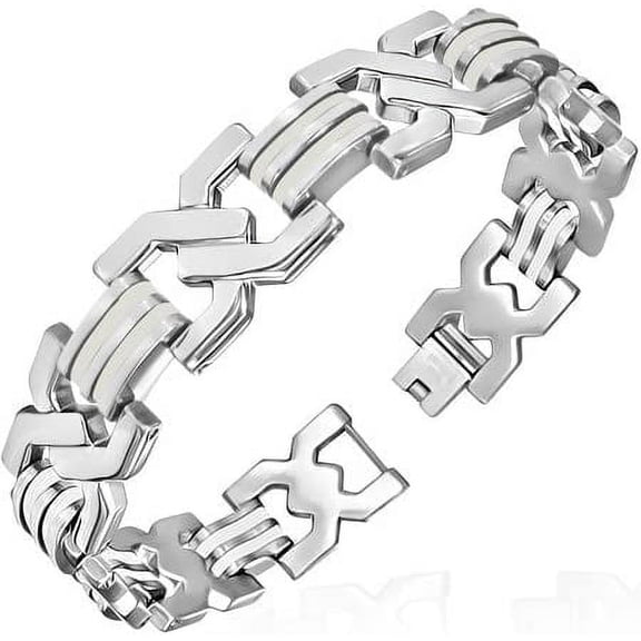 Stainless Steel w/ White Rubber 2-tone Criss-Cross Mens Link Bracelet