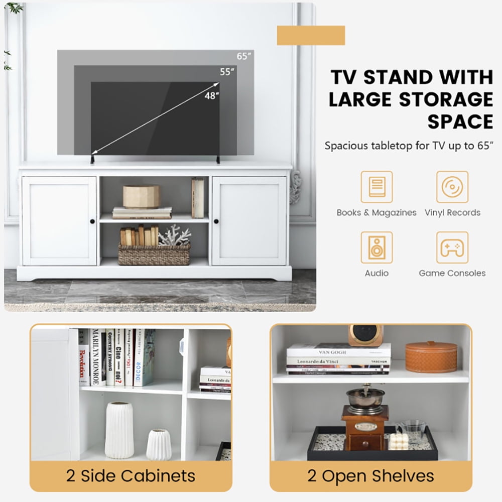 Finihen TV Stand, TV Cabinet, 58 Inch TV Stand with 2 Cabinets and Adjustable Shelves for TVs up to 65 Inch, for Living Room, Bedroom, White