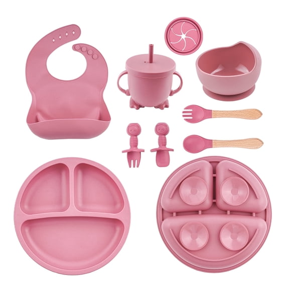 Lumikrypt Silicone Baby Feeding Set, 9 Pcs Baby Led Weaning Utensils, Baby Suction Bowl, Plates, Bib, Spoons Set, Sippy Cup with Straw, Baby Self Feeding Supplies Set
