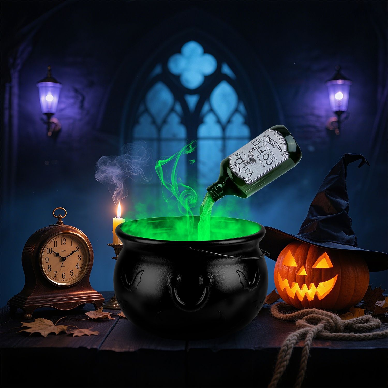 Halloween Witch Cauldron Floating Bottle Set with Green Mist Light USB Powered for Party Decor
