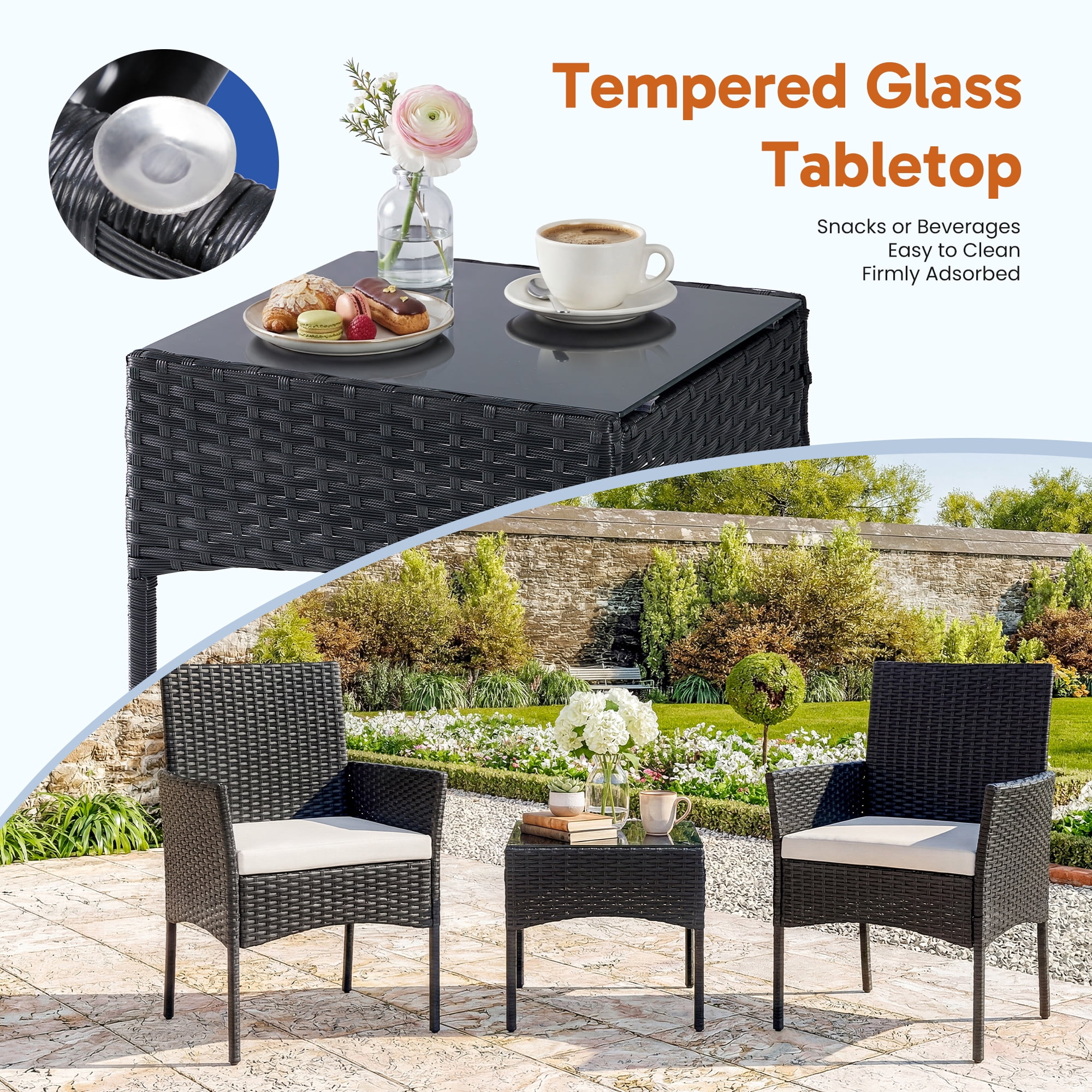 EDX 3-Piece Patio Conversation Set, All-Weather PE Rattan Outdoor Furniture with Wicker Chairs, Tempered Glass Table, Washable Cushions, Black/Beige
