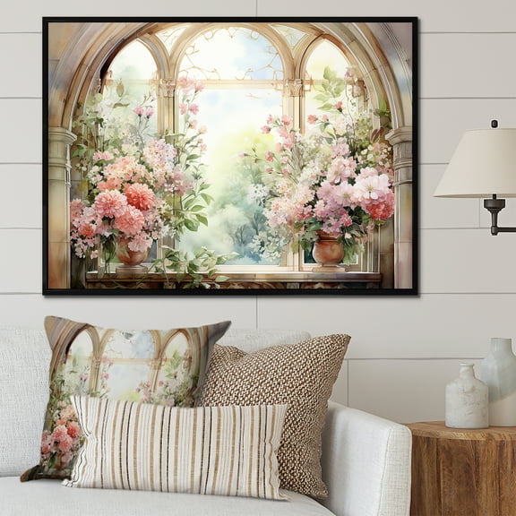 Designart "Gazing through Country Window at Pink Blossoms V" Floral Framed Wall Art - Traditional Pink Window Living Room Framed Canvas Art