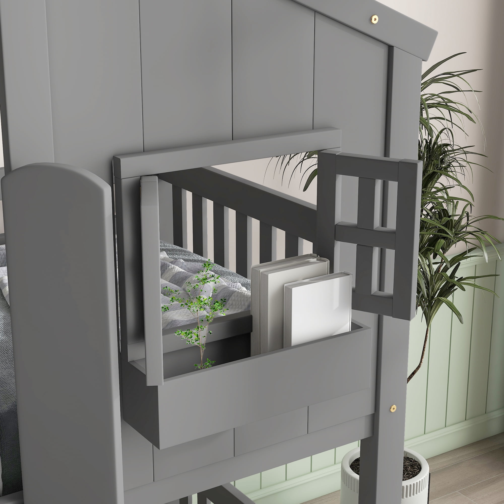 Sailvan Twin over Twin House Bunk Bed with Roof and Window, Low Height Safety Design Grey