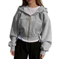 thumbnail image 3 of Zip up Hoodie Women Oversized Cropped Plain Sweatshirt Full Zip Drawstring Hooded Slouchy Jacket with Pocket Light Gray M, 3 of 8