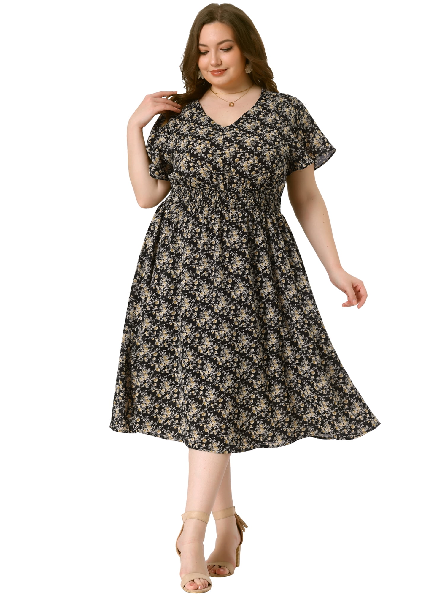 DARING DIVA Plus Size Ditsy Floral V Neck Smocked Waist Midi Dress 2X Black