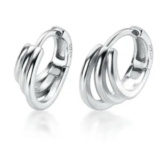 EOEMY 925 Sterling Silver Triple Lines 15mm 1.5Cm Huggie Hoop Earrings-Silver